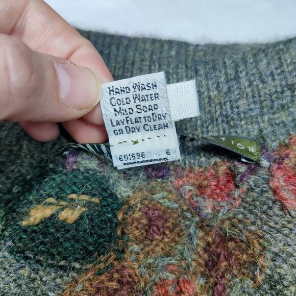 Peruvian Connection 100% Alpaca Green Floral Knit Cozy Cardigan Sweater Large - Picture 7 of 10